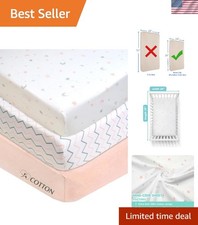 3-Pack 100 Natural Cotton Fitted Mini Crib Sheets 38"x24" - Pink Star/Zigzag