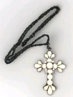 Vtg Gothic Cross Milk Glass Pendant Necklace Brooch Black Setting 32 Chain Goth