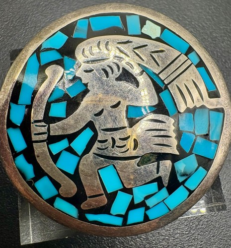 Mexico 925 Sterling Silver Turquoise Mosaic Kokopelli Brooch Pendant Southwester