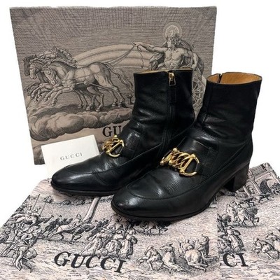Auth Gucci Men's Horsebit Chain Short Boots Eu40 US6.5 Uk6 Black Leather Logo