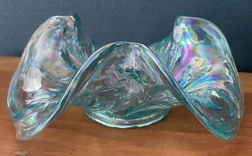 Fenton Sea Mist Green Opalescent Carnival 95th Anniversary Triangle Bowl 9”