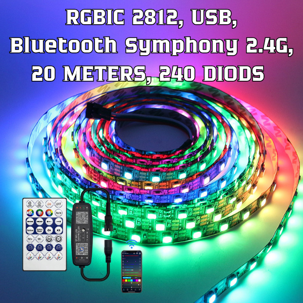 20M USB RGB 2812 LED Strip Lights – 12 Diodes/Meter, IR & Bluetooth 2.4G Control-image