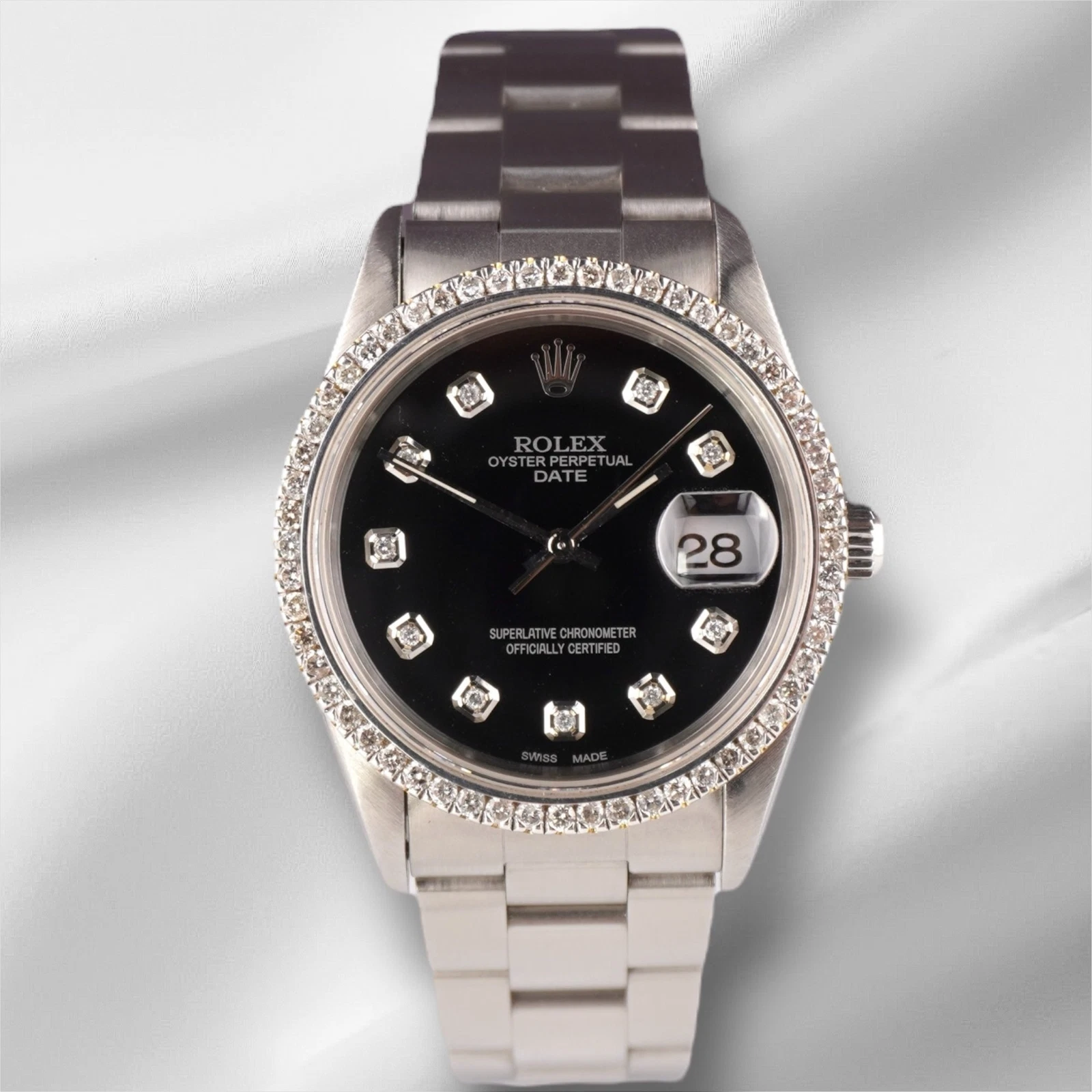 Rolex — Rolex Date 34mm Ladies 1.5ct Prong Black Diamond Dial Steel Watch 15000