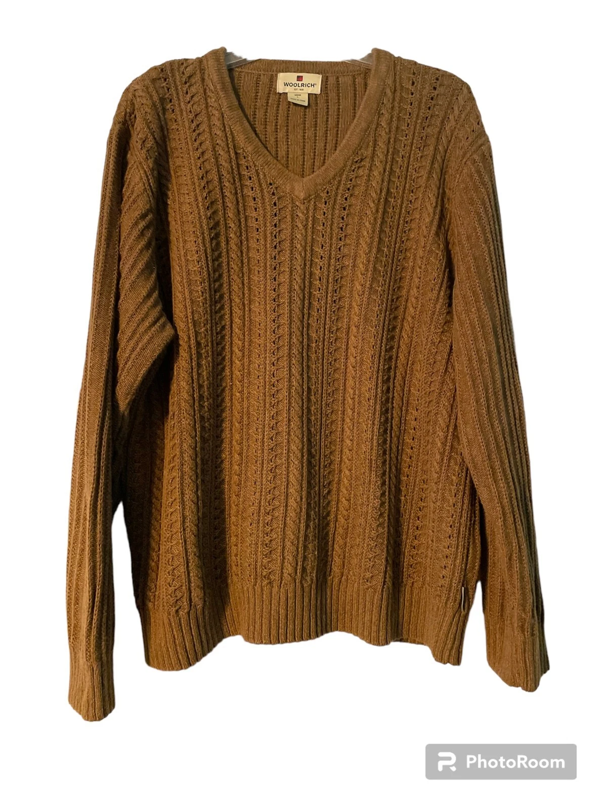 Woolrich Men's Large Nutmeg Brown Ramie Cotton Long Sleeve Sweater V-Neck