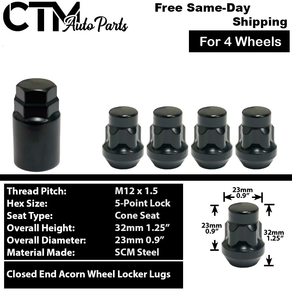 4x Black 12x1.5 Cone Seat Anti-Theft Wheel Lock Lug Nut Set+Key