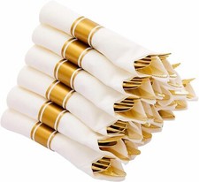 50 Pack Pre Rolled Gold Plastic Cutlery Set, Wrapped Plastic Silverware Set