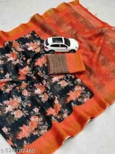 New Linen Cotton Sari With Unstitched Blouse Piece Party Wedding Wear For Women