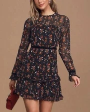 LULU'S Floral to See Black Floral Long Sleeve Mini Dress Size Small