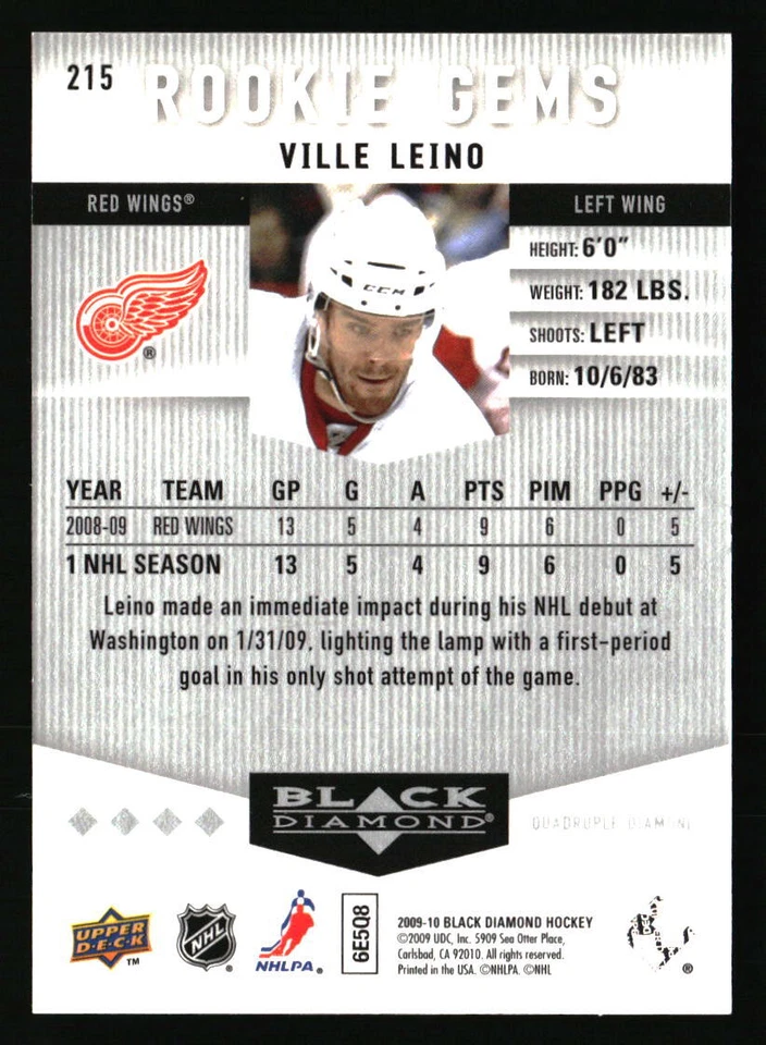 Ville Leino 2009 Upper Deck Black Diamond #215  RC Hockey Card - Image 2 of 2