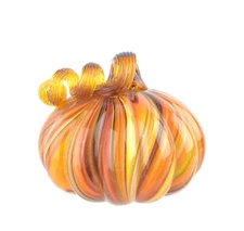 Glitzhome 5'' HandBlown Multi-Striped Glass Short Pumpkin Sculpture Halloween