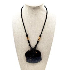 Brown Pendant Necklace Charm Tribal Style Inspired Black Bead Carved Fortune 16"