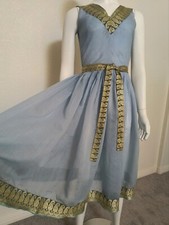 Vtg 1950s Cornflower Blue Cotton Pleated Dress w/ Paisley Gold Embr. Trim, Sz 2