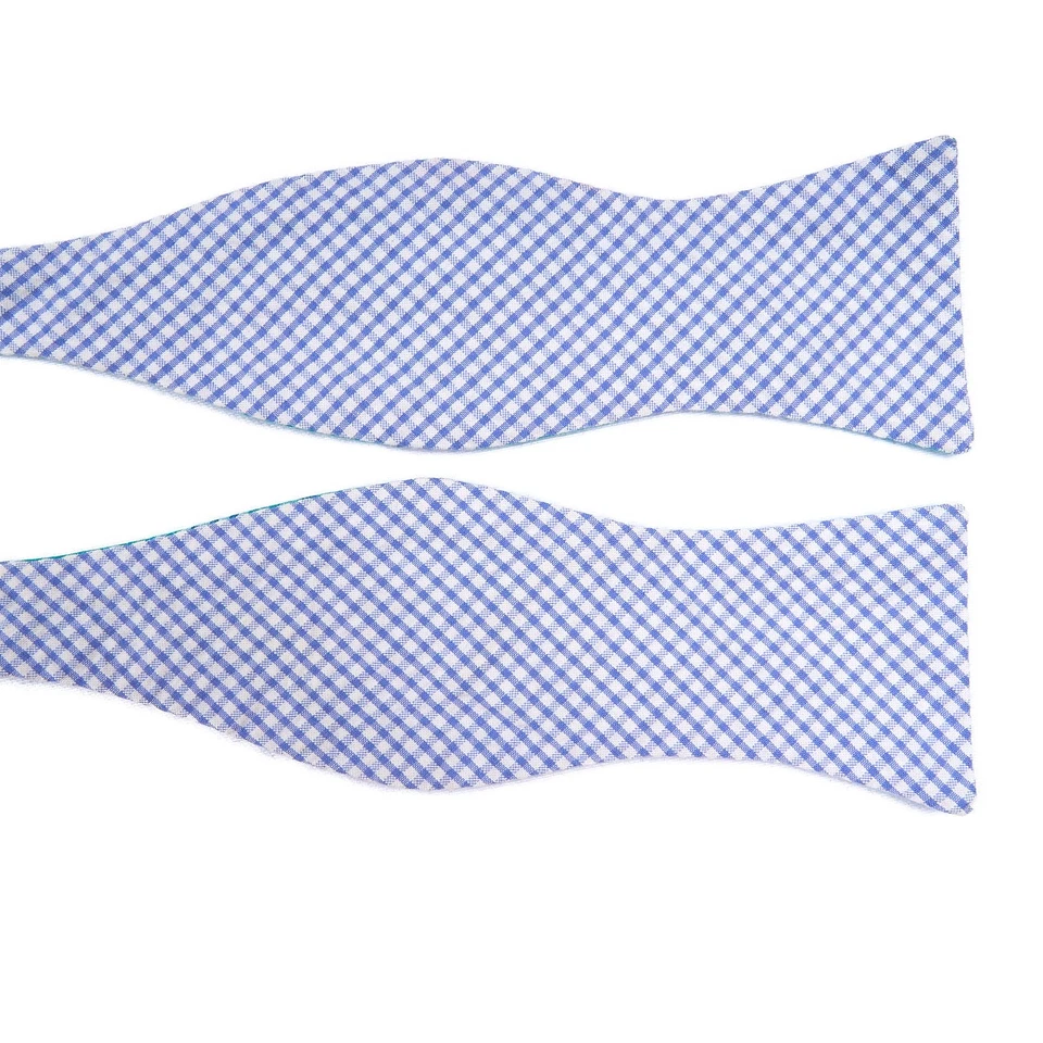 Pajarita alta de algodón y seda azul blanco a cuadros de guinga + corbata a cuadros verdes 2 lados Foto 4 de 4