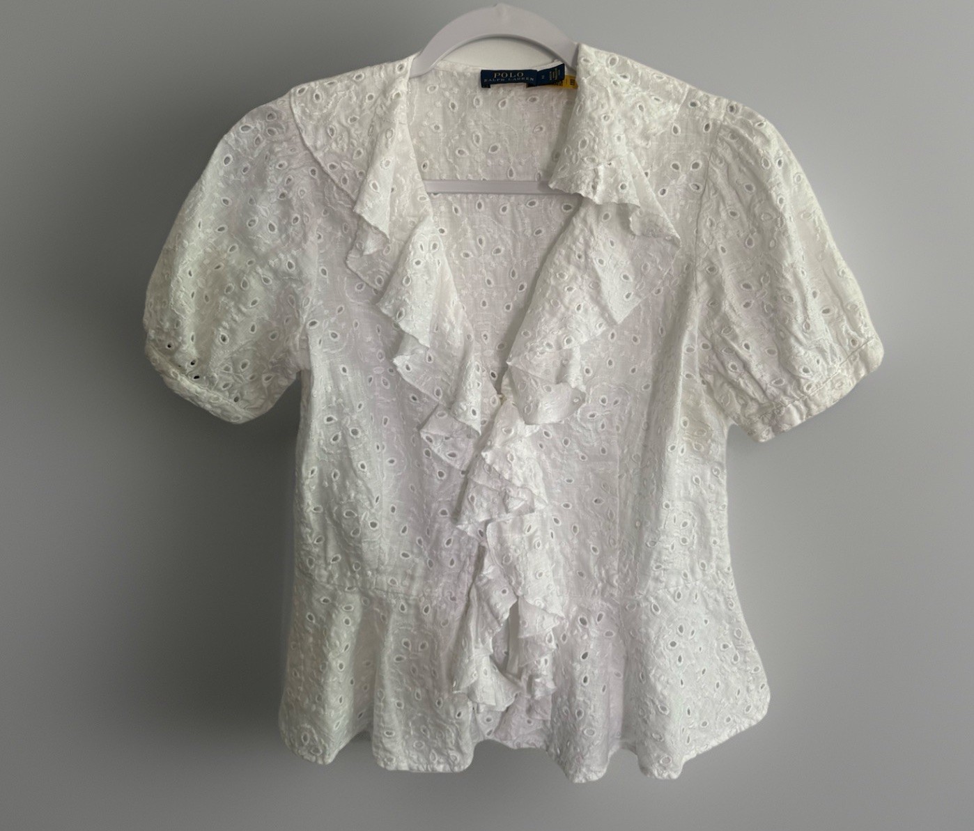 Polo Ralph Lauren White Eyelet 100%  Linen Ruffle Button Up Blouse Top Size 2
