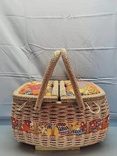 Vtg Woven Wicker Sewing Basket 60s Bright Bold Floral Boho Double Handle W Tray