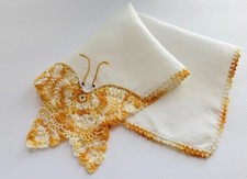 VINTAGE HANKY 1940s IRISH LINEN HAND CROCET EDGE BUTTERFLY ORANGE ON WHITE