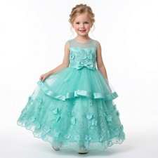 Girls Princess Party Dress Aqua Blue Floral Embroidered Tulle Birthday Party