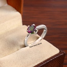 Mystic Topaz Round Cut Sterling Silver Ring , Rainbow Fire Gemstone