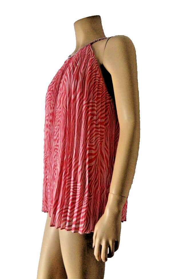 MICHAEL KORS Tank Top Medium gerneium pink white pleated silver tone chain NWT