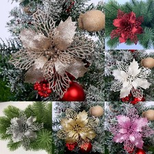 6Pcs/12pcs Glitter Christmas Poinsettia Hanging Flowers Xmas Party Tree Decors