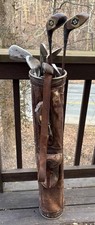 Very Good Set of Antique Hickory Wood Shaft Golf Clubs Patent Stovepipe Bag