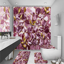 4 Pcs Modern Abstract Shower Curtain Sets with Rugs Gold and Dark Red Bathroom S