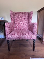 Red and White Vintage English Wingback Armchair in William Morris Style Fabric