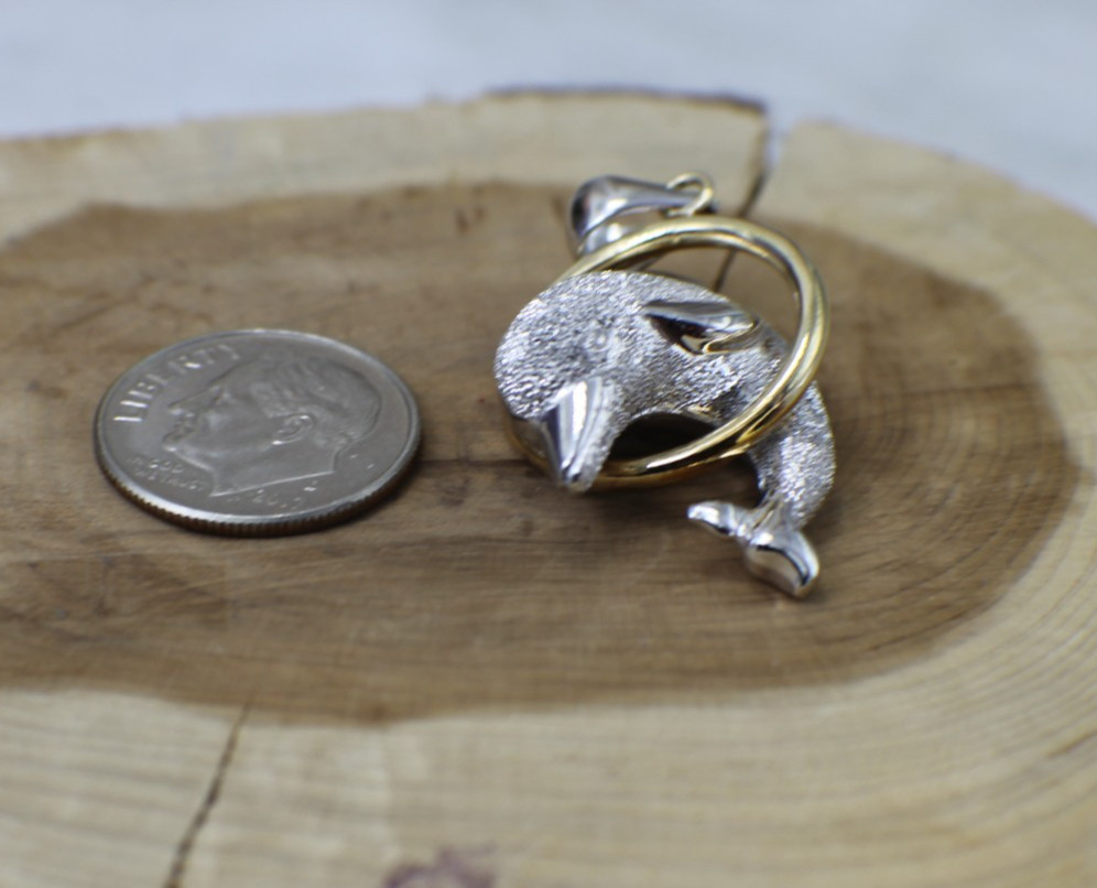 Solid 14K Two-Tone Gold Jumping Dolphin Glittery … - image 2
