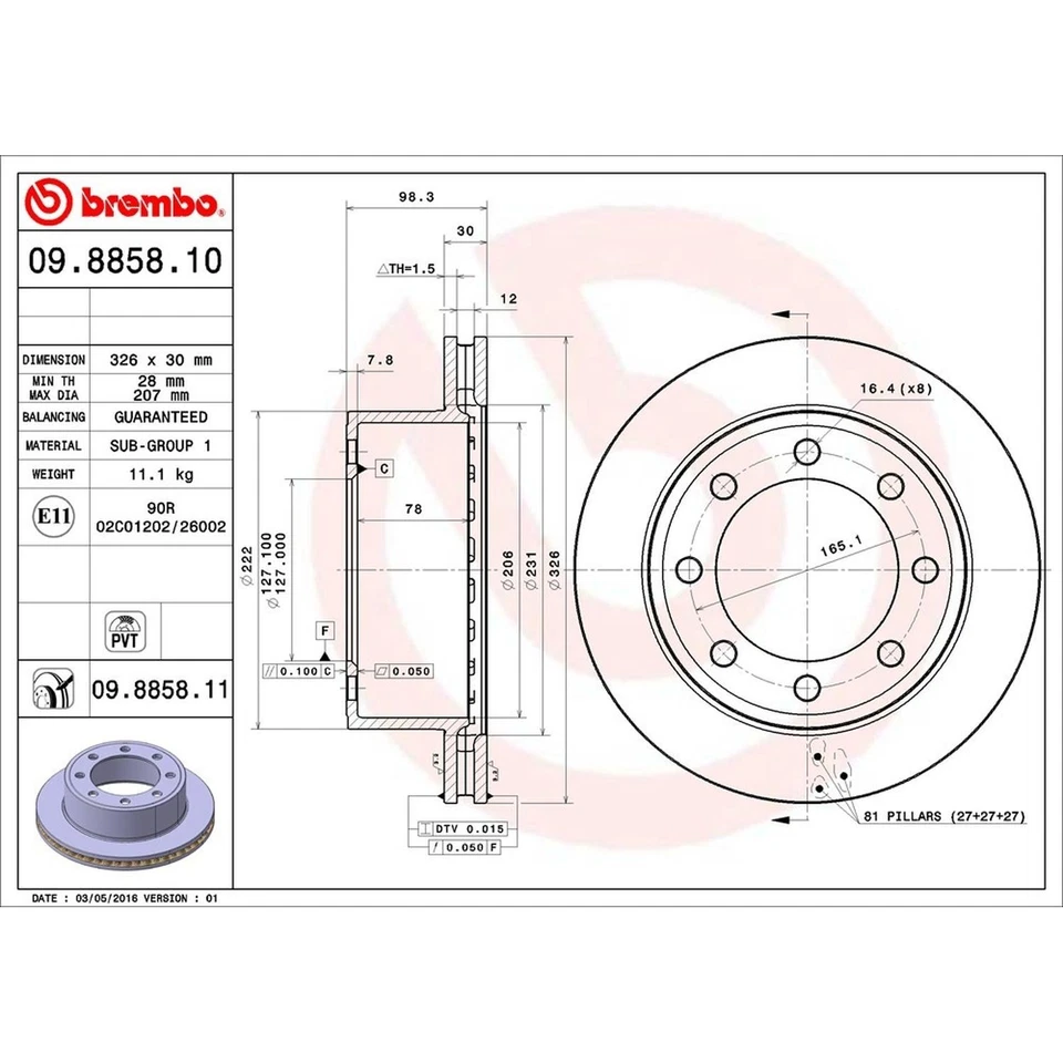 Rotor de freno de disco Brembo 09.8858.11 para modelos Ford 99-07 seleccionados Foto 3 de 4