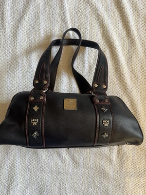 #ad MCM Black Leather Shoulder Bag with Red Stitching and Gold Plaque $380.00