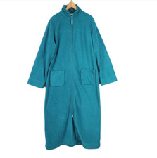 L L Bean Women's Fleece Zip Up Long Robe Blue Green Size Medium Housecoat Lounge