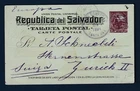 EL SALVADOR 1894 stationery card 3 C. SANTA ANA 24.OCT.94 via Guatemala+Paris-CH