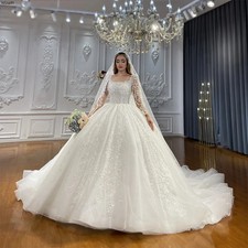 White Long Sleeves Wedding Dresses Sequins Appliques Square Collar Bridal Gowns