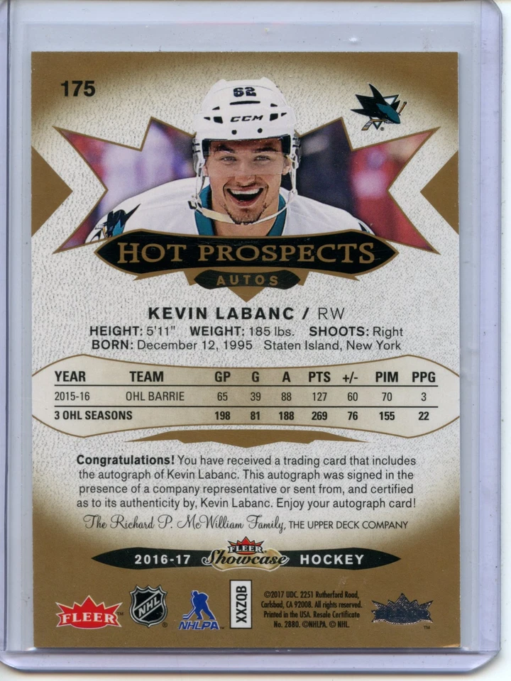 2016-17 Fleer Showcase Hockey Hot Prospects AUTO Kevin Labanc RC #486/499 - Image 2 of 2