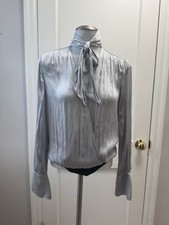 PAIGE Cheri Bodysuit XS Cloud Gray Metallic Satin Tie Neck Blouse Long Sleeve