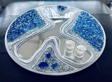 Crystal 24k Silver Blue Geode Resin Glass Mirror Art Tray Z Gallerie Hlobik