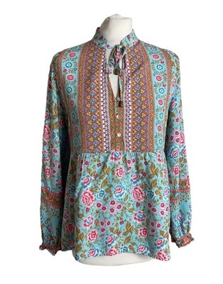 Libby Love Top Bluse hell geblümt Baumwolle M 10 12 Boho Hippie