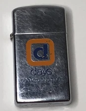 Vintage 1978 Zippo Lighter Days Construction Company Logo Brushed Chrome Slim
