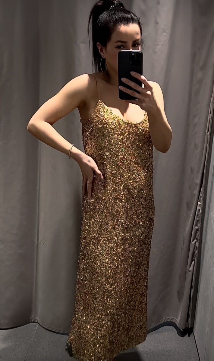 ZARA WOMEN SIZE S SEQUIN KNIT SLIP GOLDEN DRESS LIMITED EDITION NWT | eBay