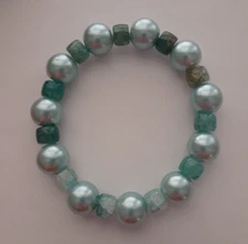 NEW 12MM AQUA GLASS PEARL & RONDELLE GLASS BRACELET, BUY ANY 2 GET 3RD FREE