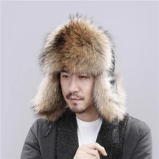 Men's Real Silver Fox Fur Pilot Hat Raccoon Fur Ushanka Cap Trapper Russian