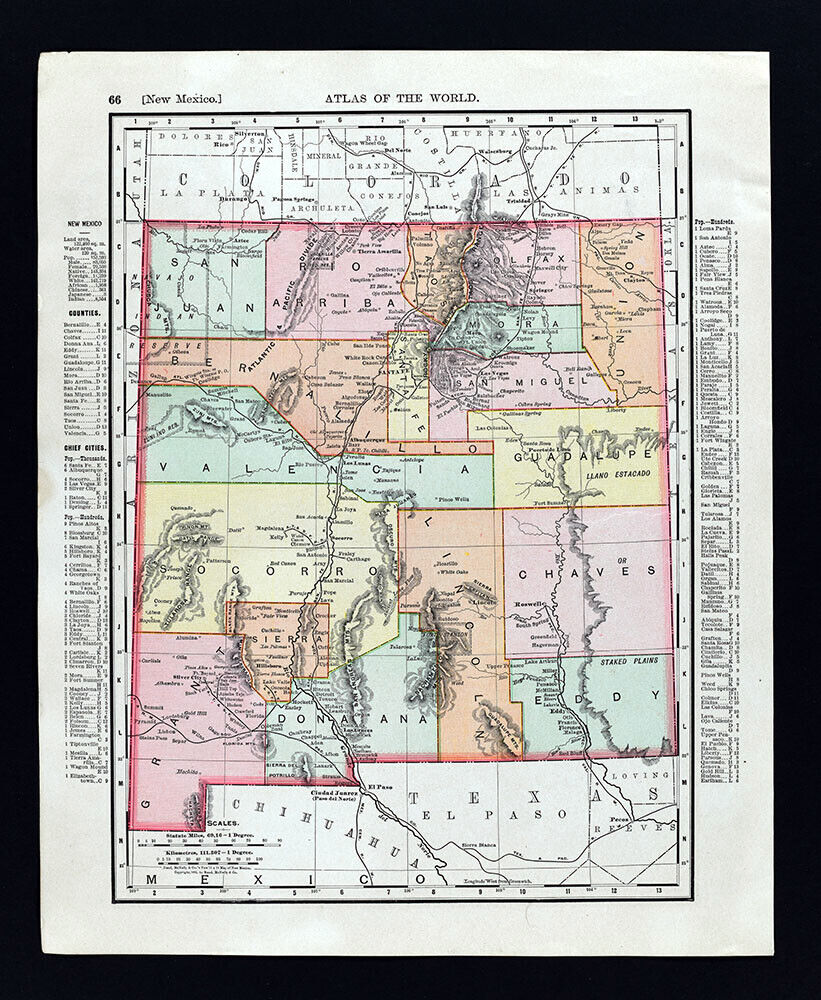 1895 Rand McNally Map New Mexico Santa Fe Albuquerque Taos Cimarron Las Vegas NM