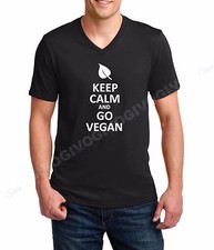 Mens V-neck Keep Calm And Go Vegan T Shirt Vegetarian Organic Veggies Tee