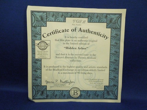 1998 Thomas Kinkade "Hidden Arbor" Fine Porcelain Decorative Plate W/ COA #4428A - Picture 9 of 9