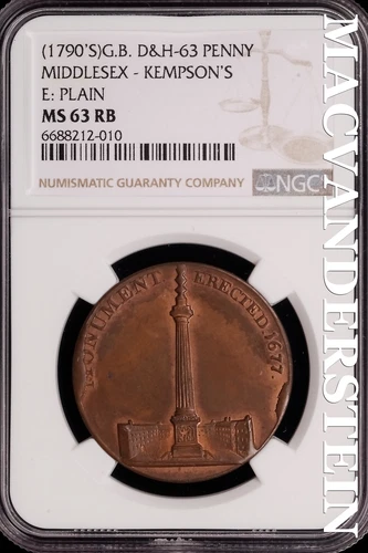 Great Britain: 1790's Middlesex Penny D&H-63 - NGC MS 63 RB - Scarce #SLG445
