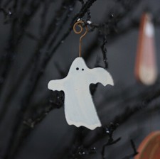 Ghost Ornaments Set of 2 Primitive Halloween Wood Spooky Fall Decor 2.75 inch