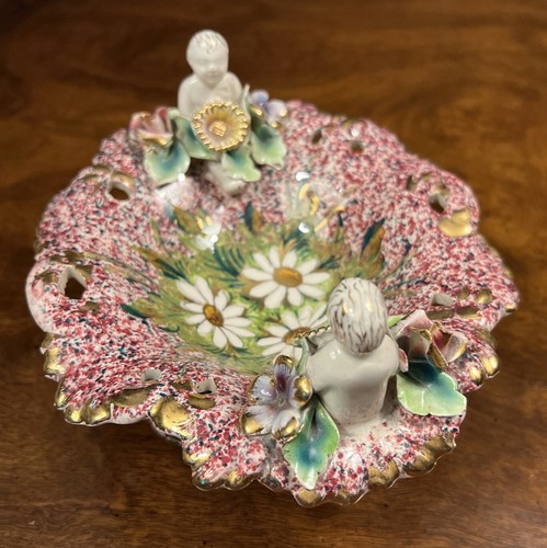 Italian Pottery Dish Pedestal Vintage Splatter Glazed Baby Flowers - Picture 2 of 6