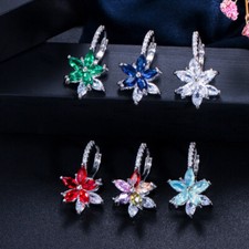 Fashion Silver Plated Multicolor Cubic Zircon Flower Drop Earrings Women Jewelry