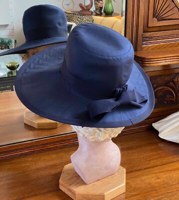 VTG 1960s women WIDE Brim Hat Navy Quilted 21.5 High crown CATHY