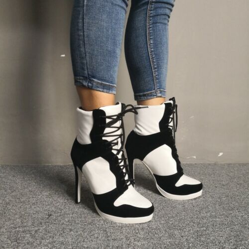 NEU Damen Stiefeletten Schnürung High Heels Stiefel Partyschuhe Frau Übergröße 4-15 - Bild 3 von 14